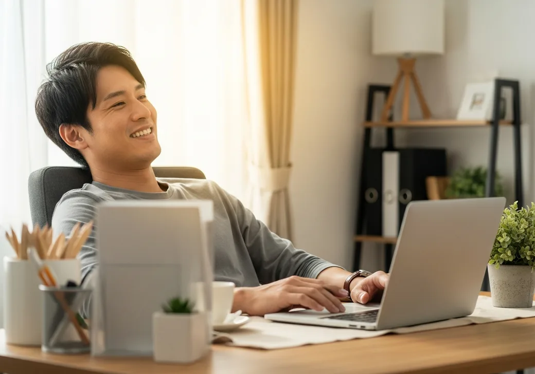 自宅デスクでノートPCを使いリラックスして笑う男性