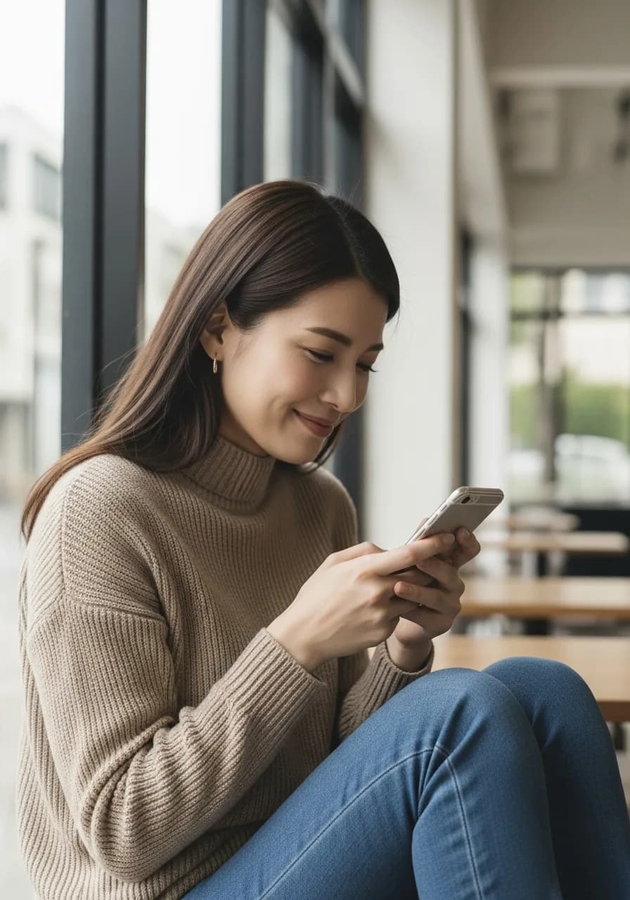 窓際のカフェでスマホを見て微笑む女性