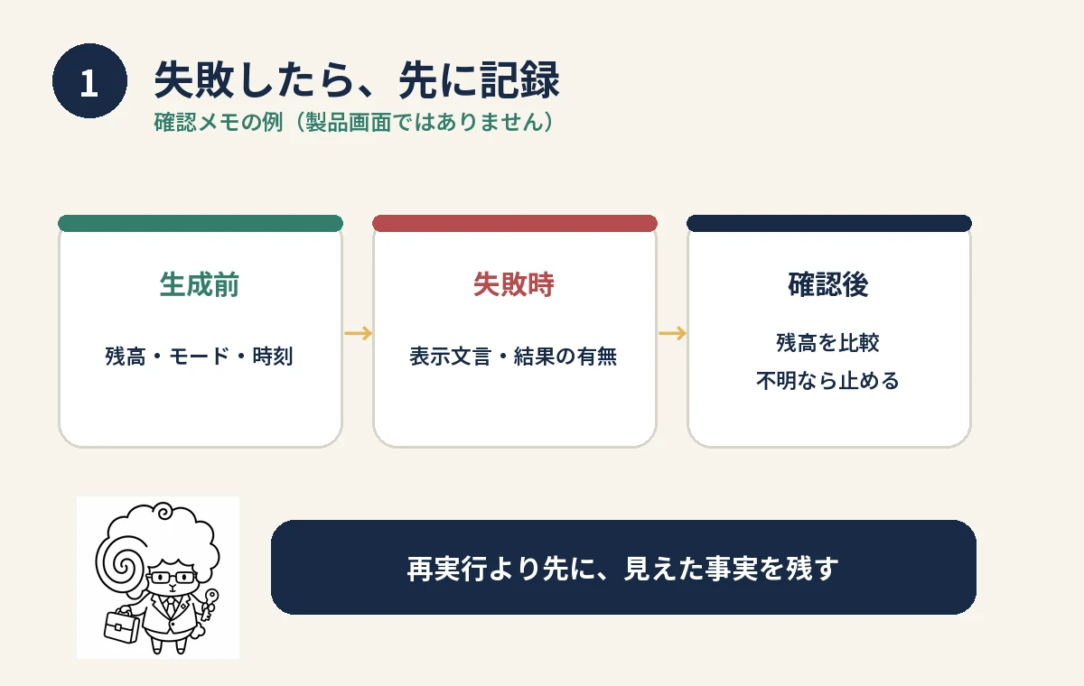 生成前と失敗時に残す情報を3段階で示した確認メモ