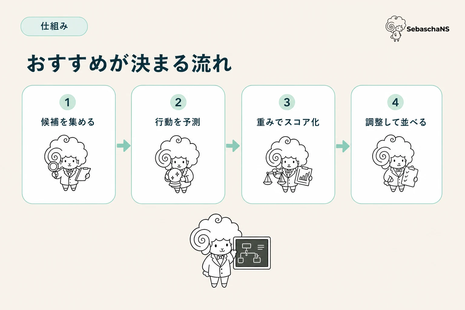 Xのおすすめ欄が決まる4ステップ。候補を集める、行動を予測する、重みでスコア化する、調整して並べる
